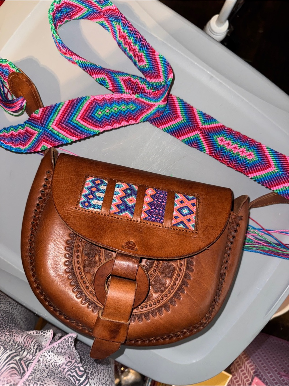 Brown Leather Saddle Bag with Multicolor Embroidered Strap